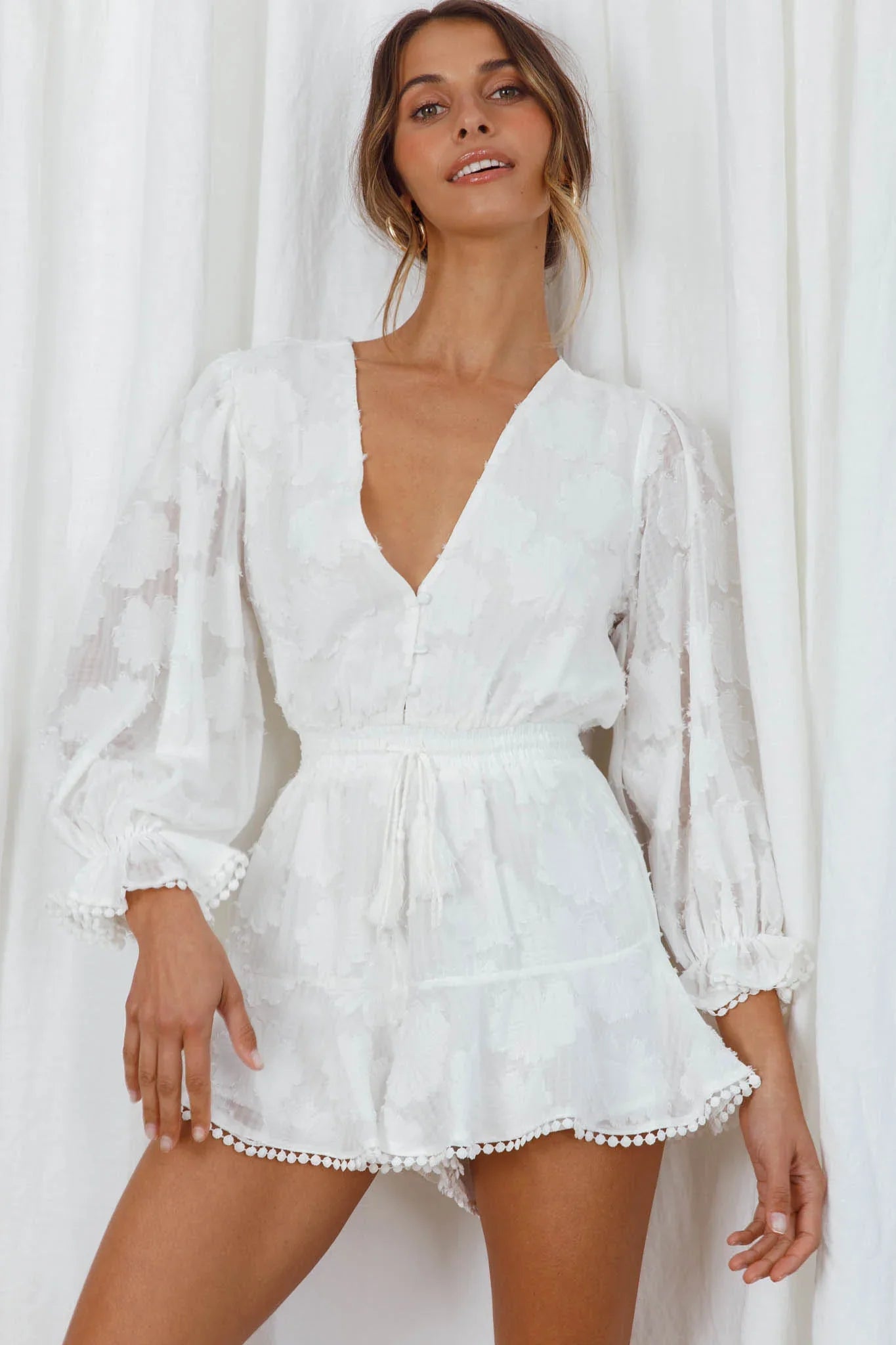 Live Free Button-Up Bodice Long Sleeve Romper White