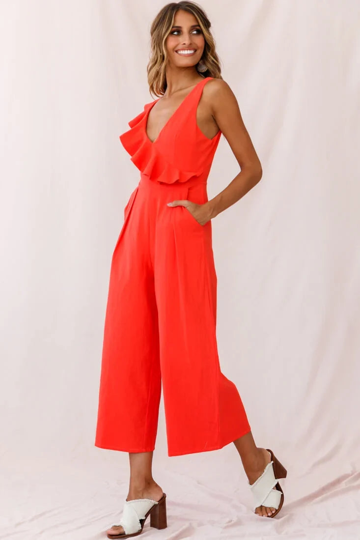 Cheryl Ruffle Strap Wide Leg Jumpsuit Tangerine