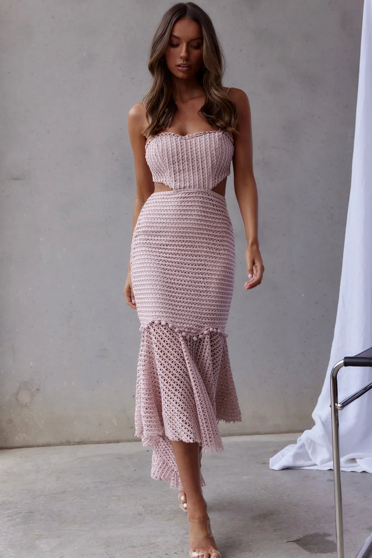 Zoey Lace Overlay Cut-Out Midi Dress Blush