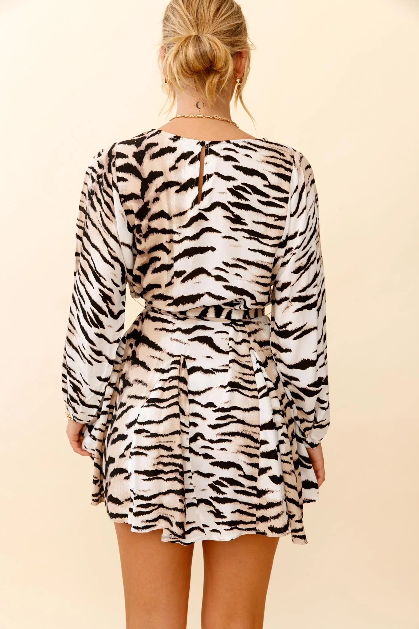 Drift Away Long Sleeve Godet Detail Dress Tiger Print