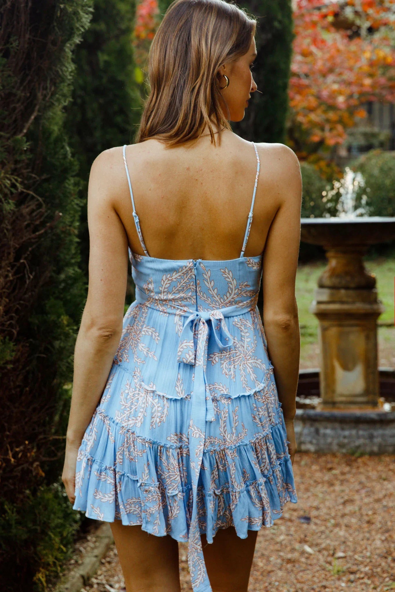 Jocelyn Cami Strap Waist Tie Ruffle Dress Leaf Print Blue