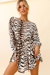 Drift Away Long Sleeve Godet Detail Dress Tiger Print