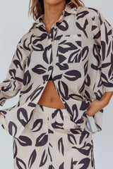 Just A Hunch Button Shirt Leaf Print Beige