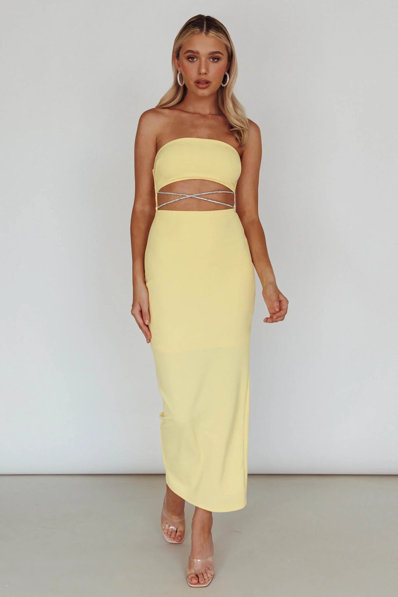 Nohemi Strapless Diamante Midi Dress Yellow