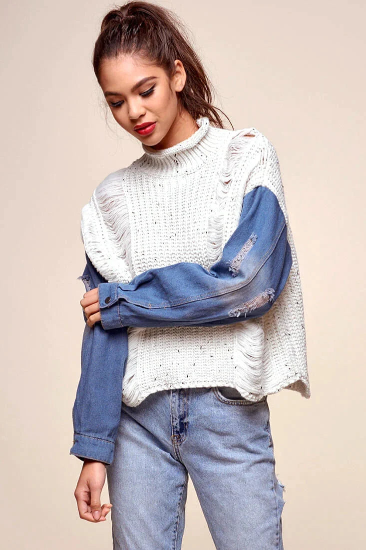 Dawn Denim Sleeved Knit Sweater Marble Blue