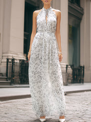 White & Gray Leopard Print Halter Maxi Dress