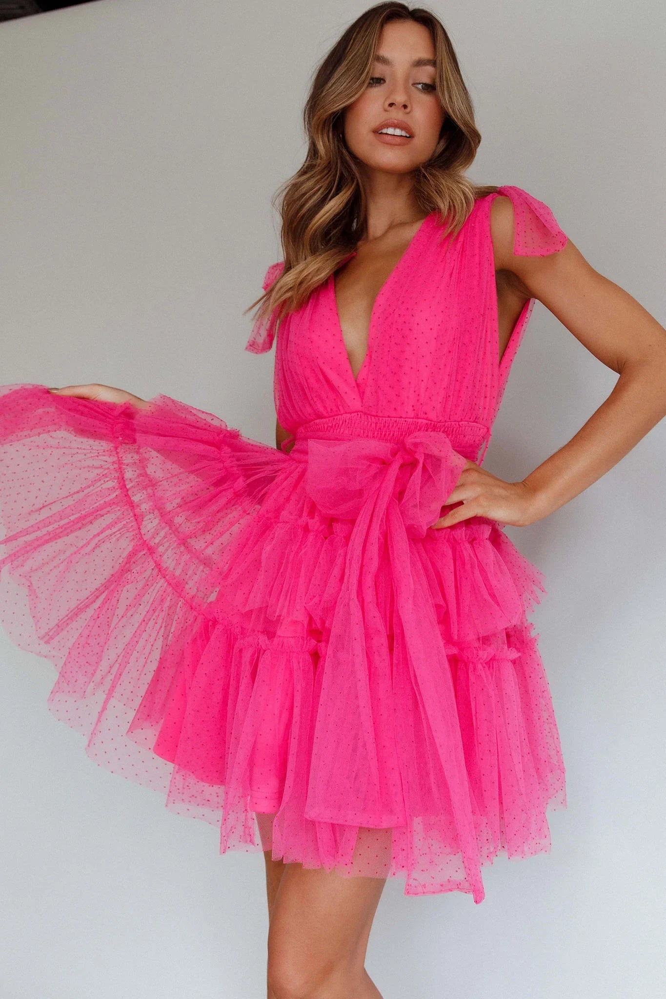 Lyra Spotted Tulle Mini Dress Hot Pink
