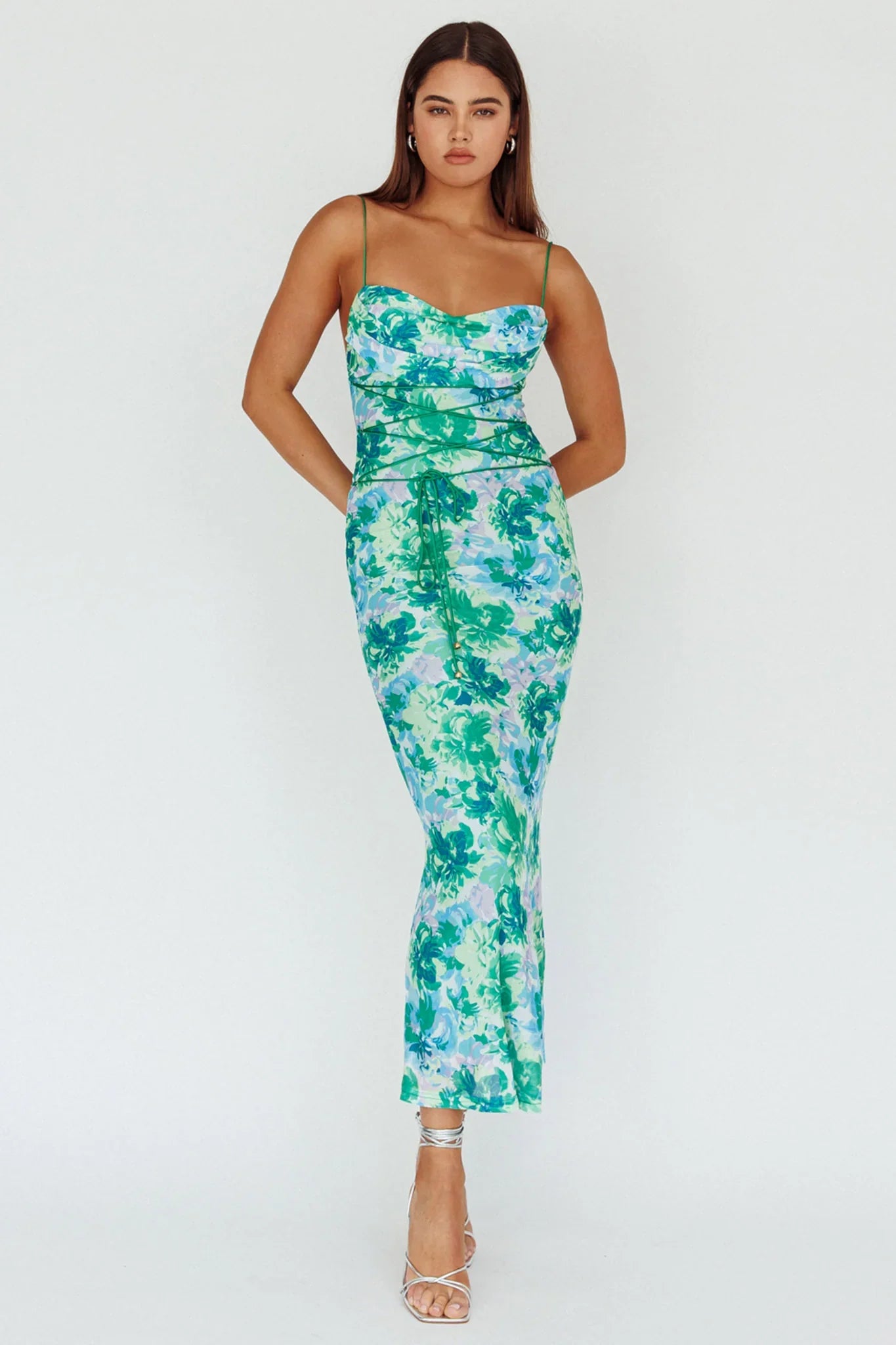 Teava Laced Waist Midi Dress Floral Green