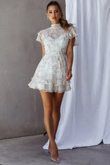 Lark High Neck Ruffle Sleeve Dress Flower Print Aqua