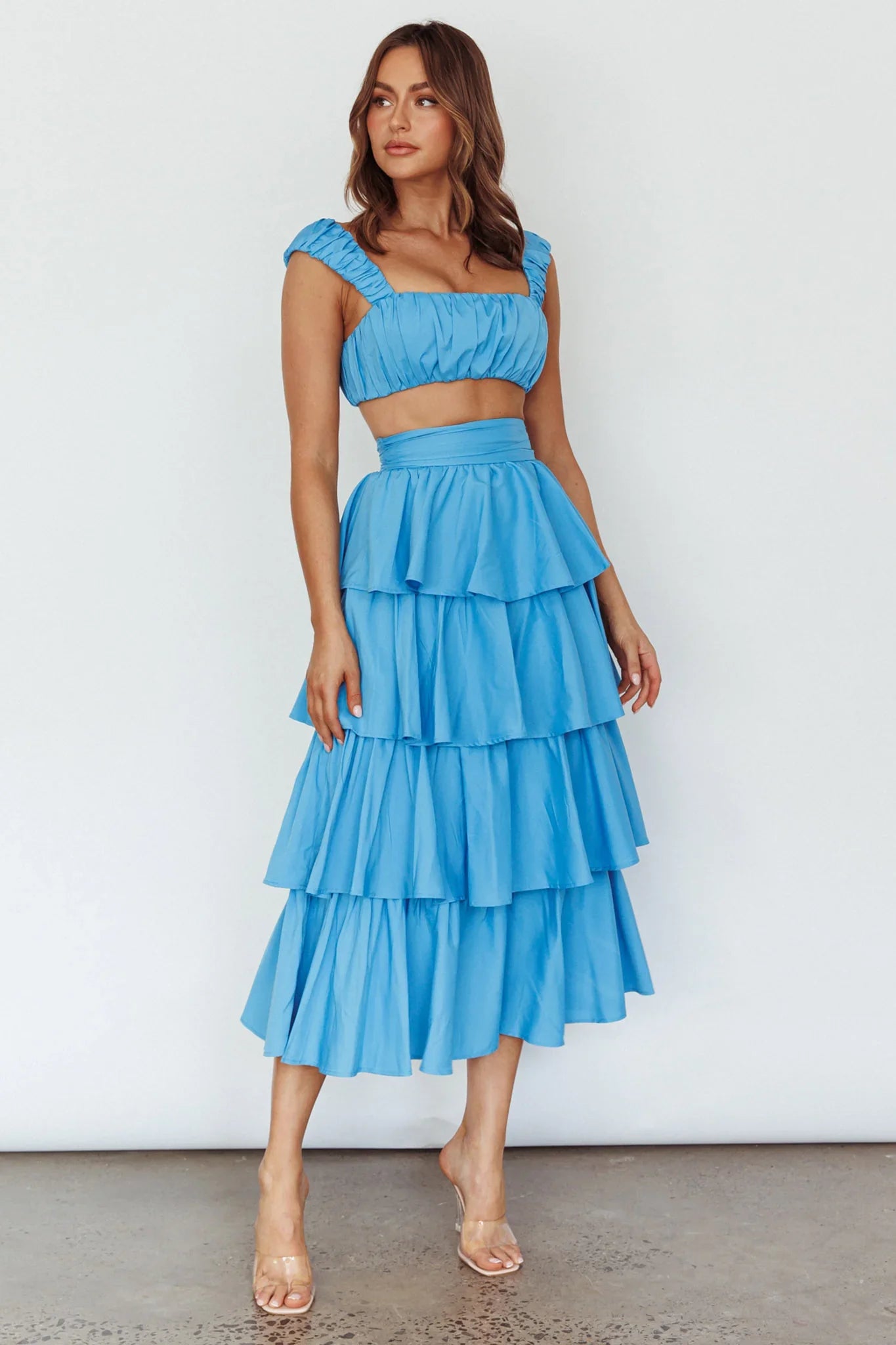 Suenito Tiered Frill Maxi Skirt Blue