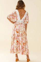 Indio Crochet Insert Deep V-Neckline Angel Sleeve Maxi Dress Floral Print Pink