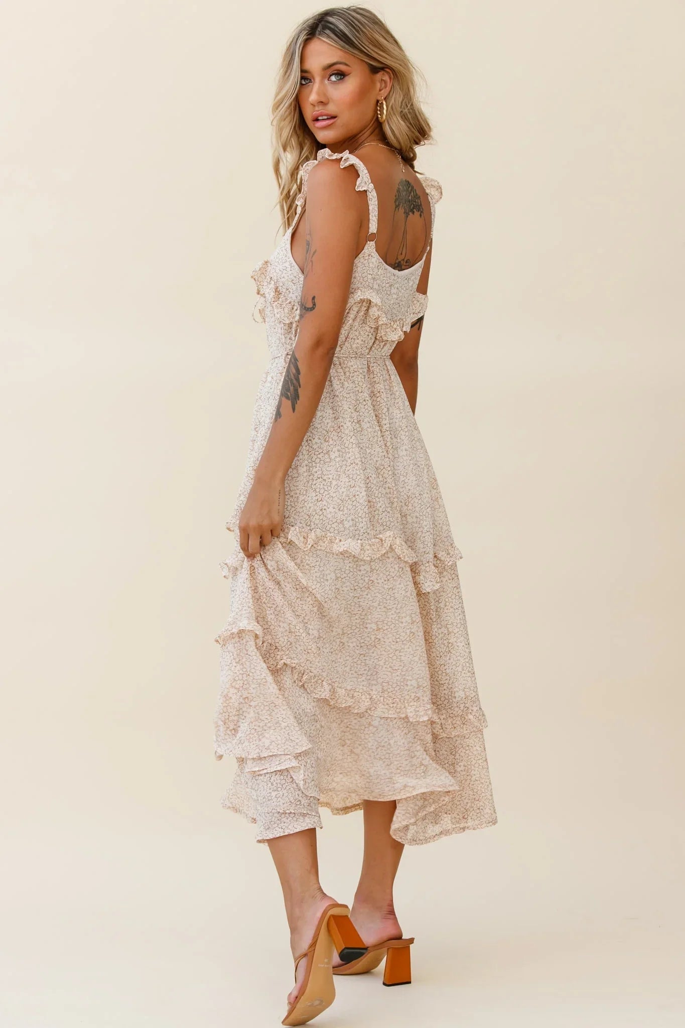 Priscilla Frill Detail Maxi Dress Floral Print Beige