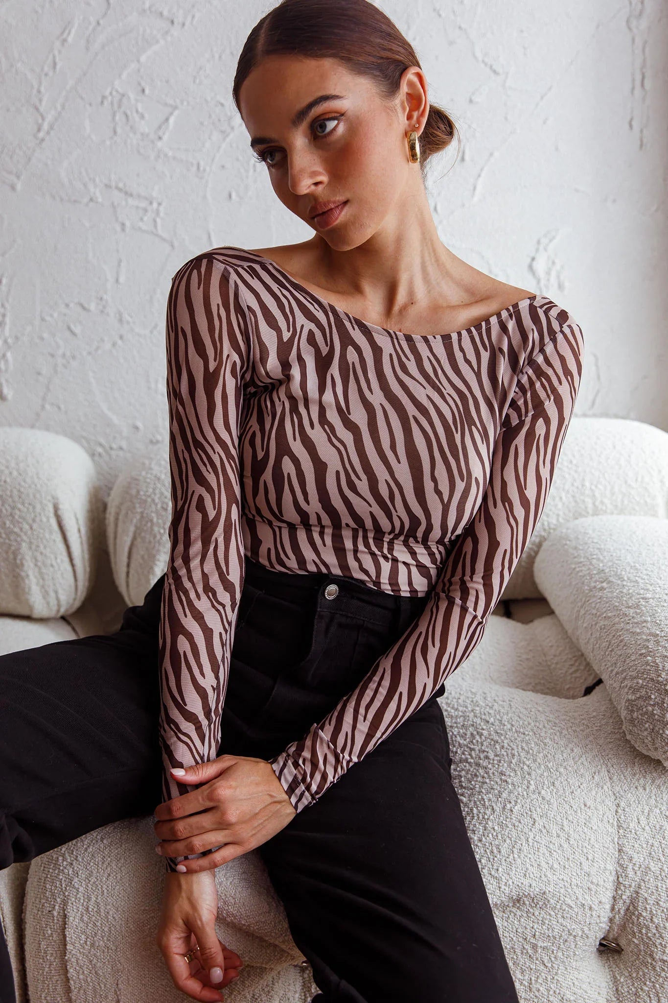 Juni Long Sleeve Low Back Mesh Bodysuit Tiger Print