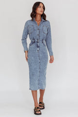 Light Inside Long Sleeve Midi Dress Denim Blue