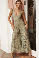 Take Note Laced-Back Frill Shoulder Lace Jumpsuit Beige/Olive