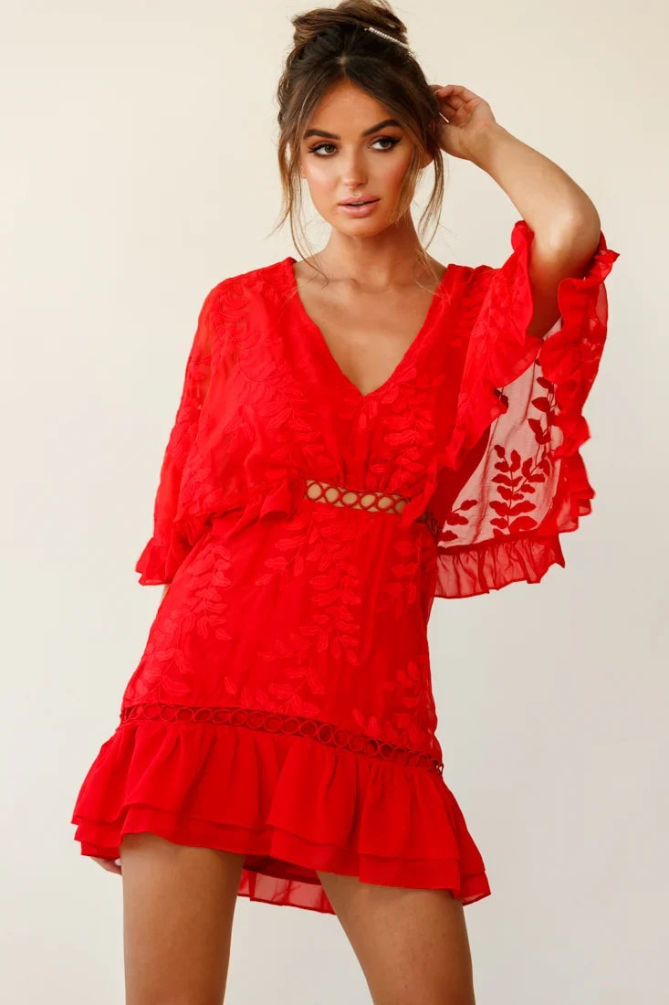 Caspar Batwing Dress Red