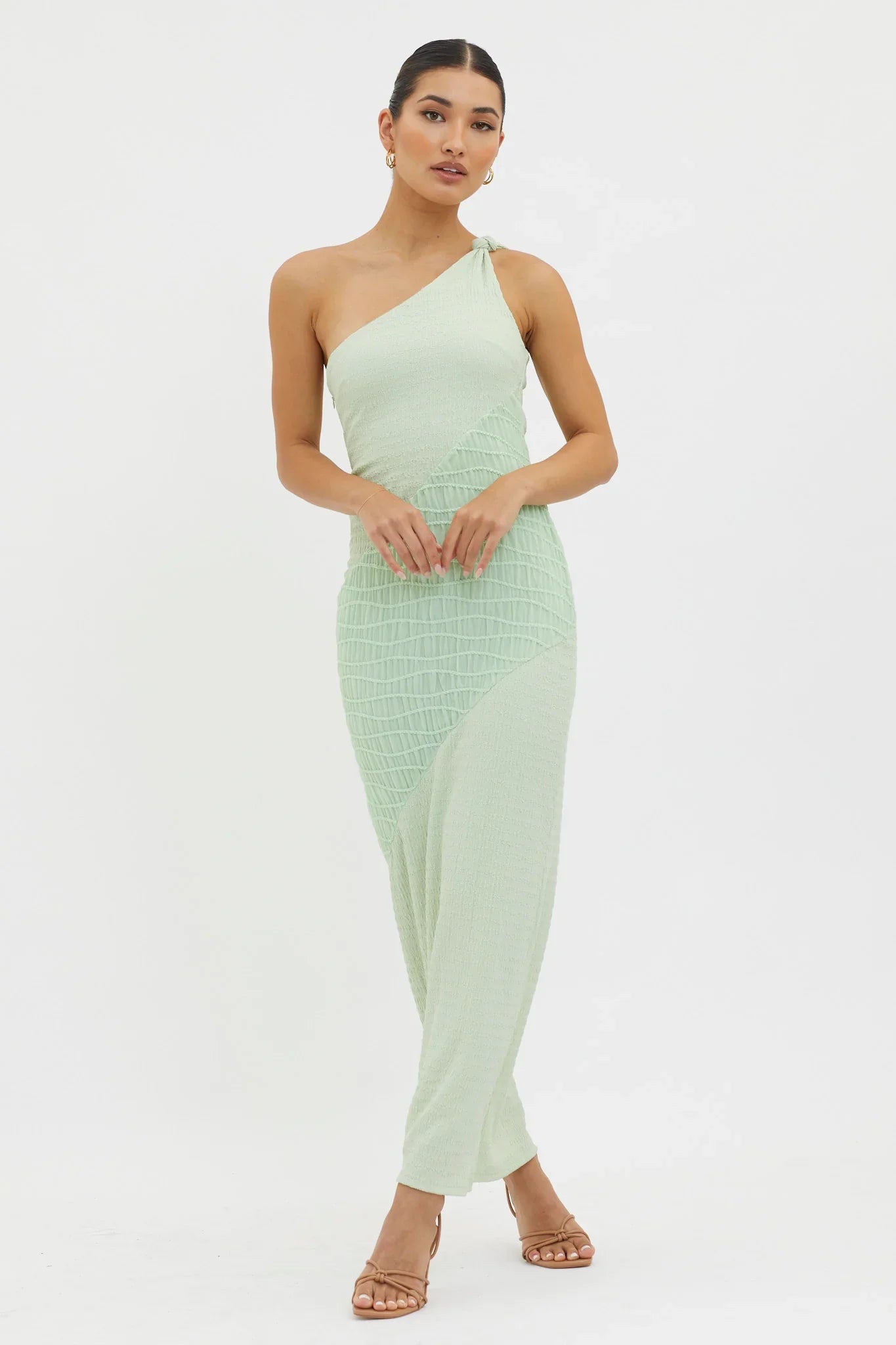 Clean Slate One-Shoulder Smocked Midi Dress Sage