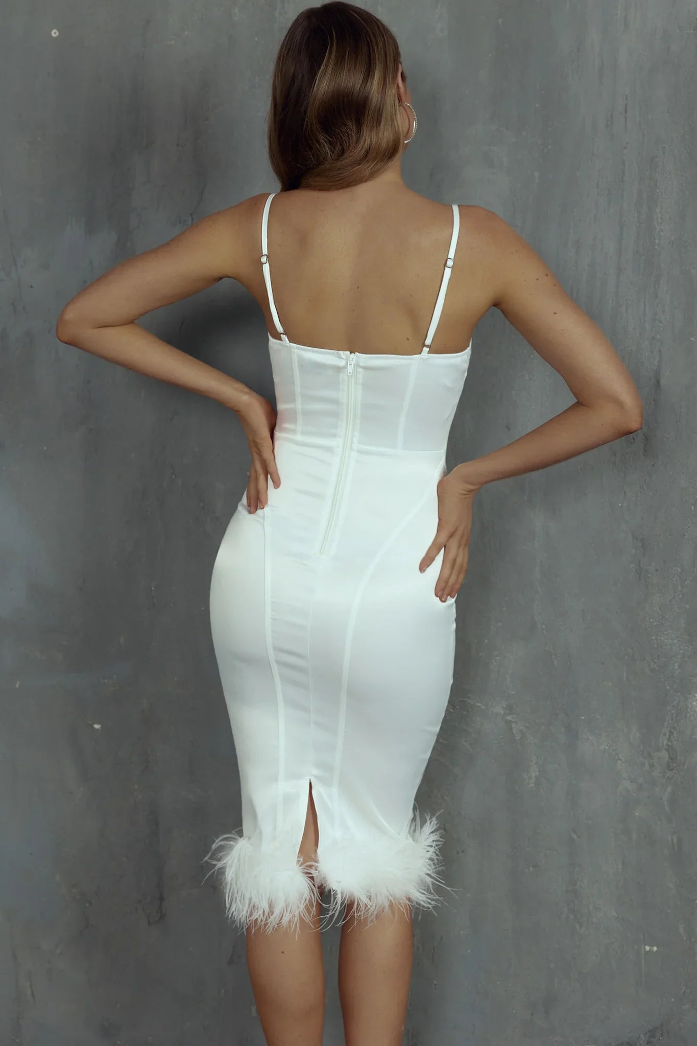 Hopelessly Devoted Feather Trim Midi Dress White