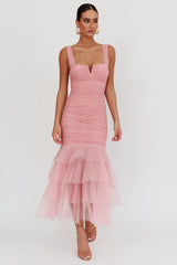 Nadia Tulle Hem Ruched Maxi Dress Pink