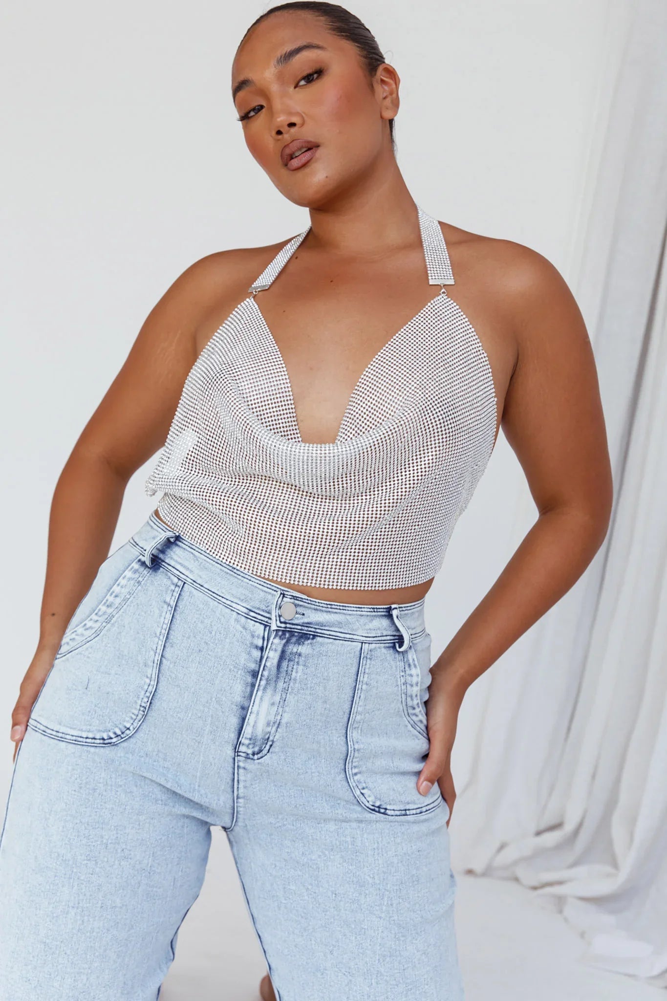 California Diamante Crop Vest Silver