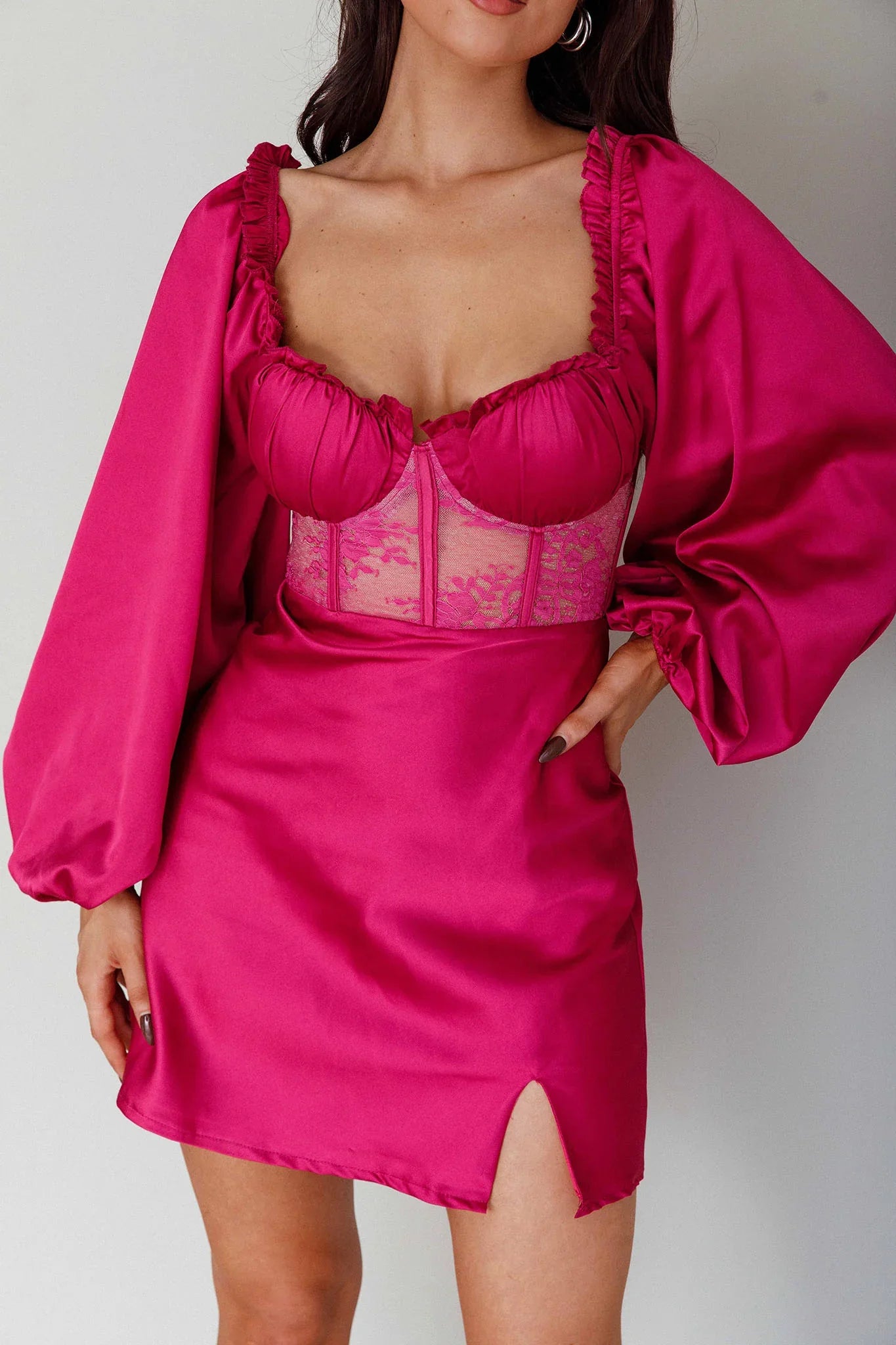 Trophy Long Sleeve Lace Bodice Mini Dress Plum