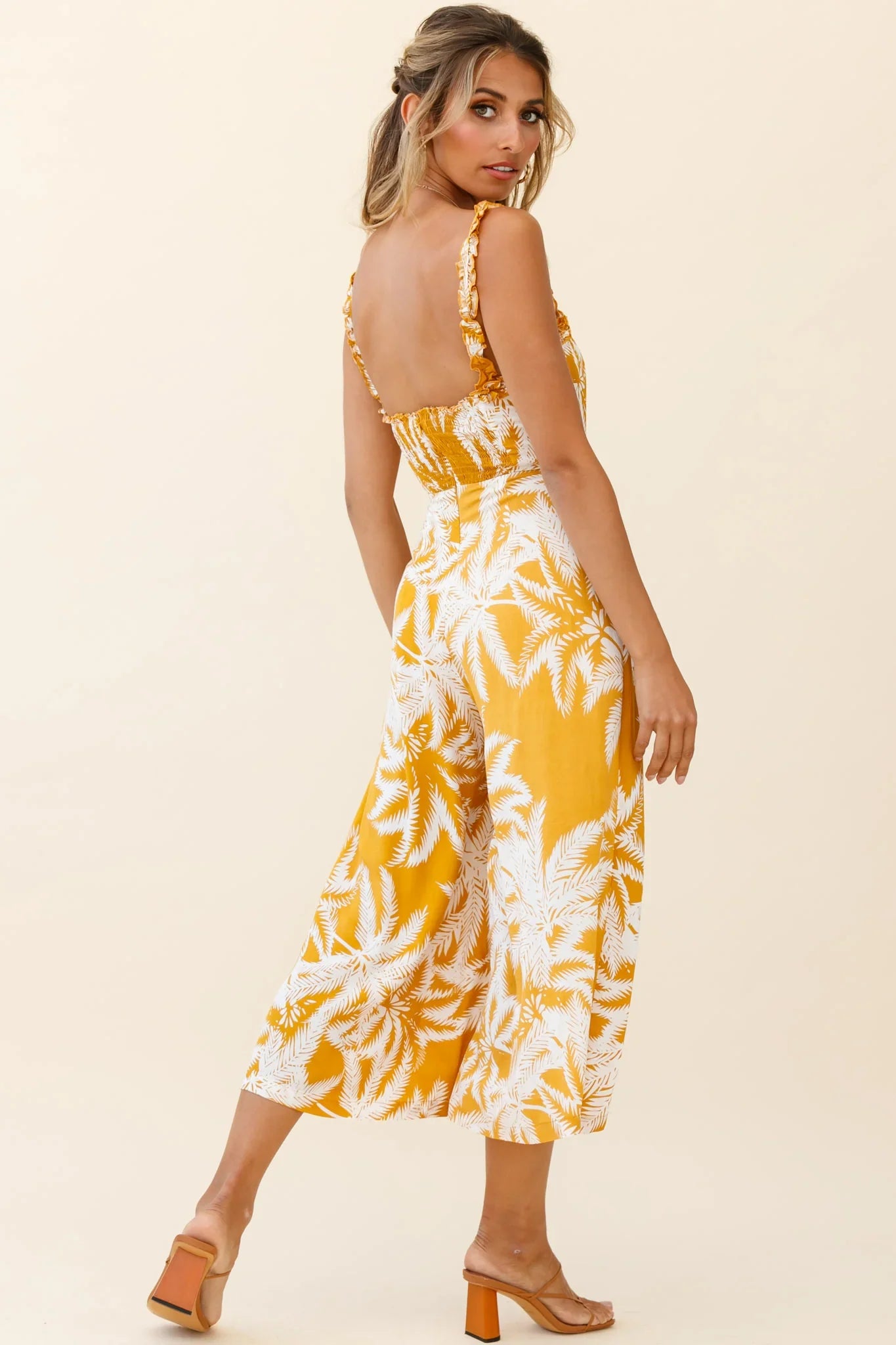 Magdalene Frill Strap Midi Jumpsuit Palm Print Yellow