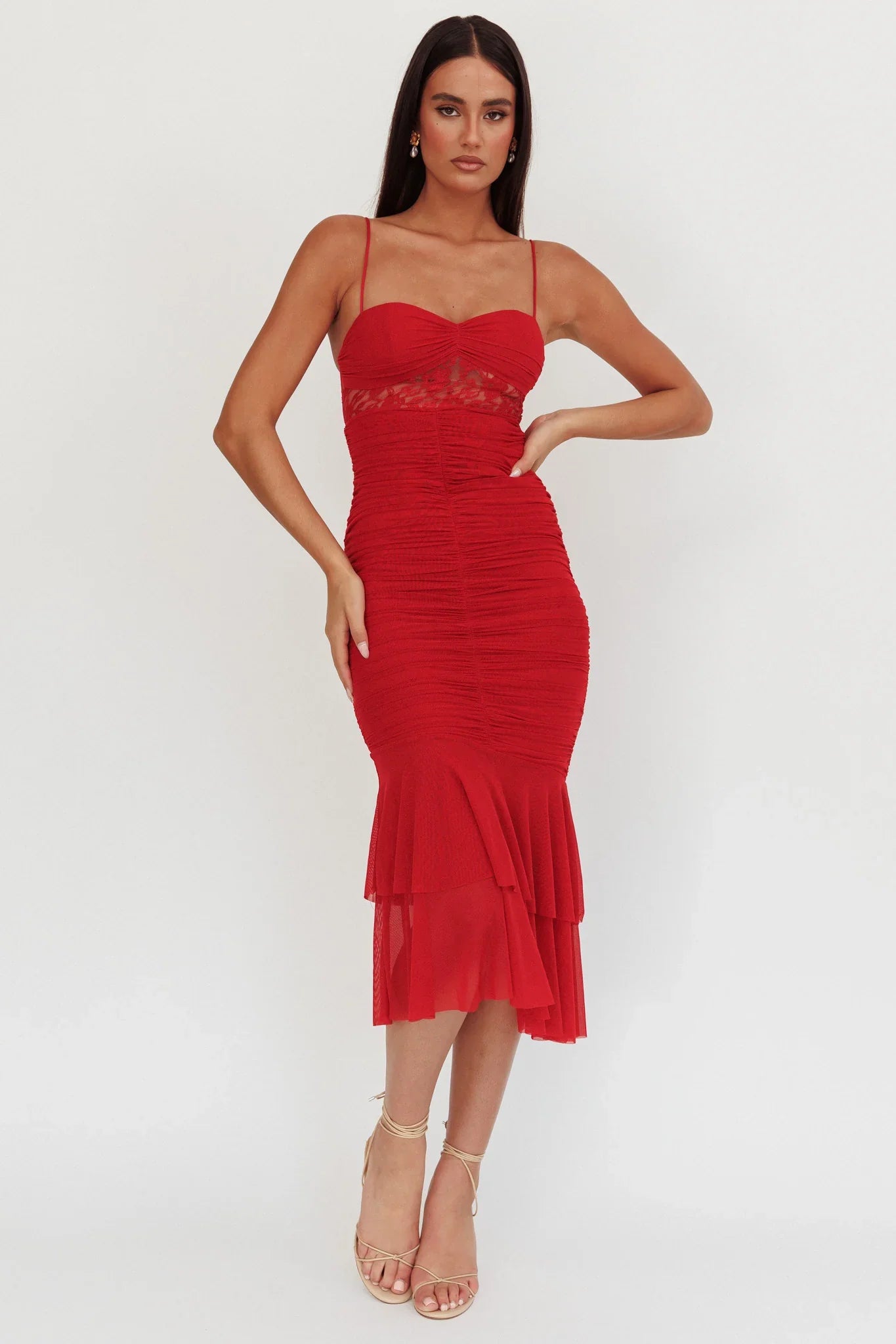 Cherubim Lace Insert Ruched Midi Dress Red