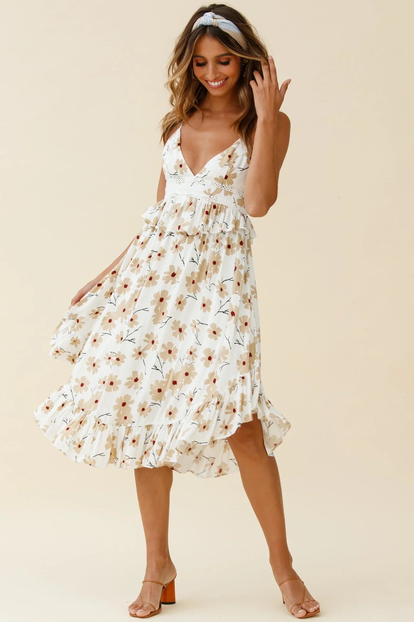 Marigold Peplum Midi Ruffle Dress Floral Print White