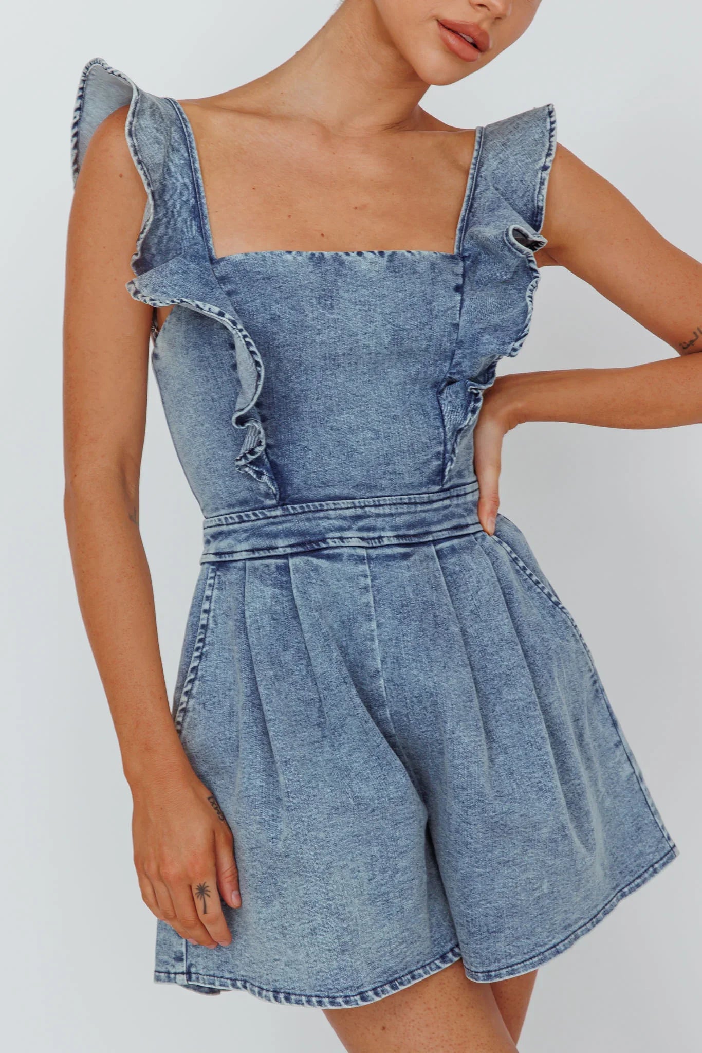 Nola Flared Ruffle Romper Denim