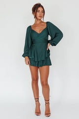 It's Complicated Long Sleeve Flounce Romper Forest Green