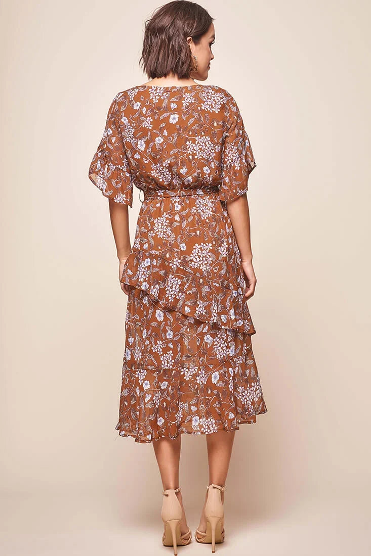 Jackson Waist Tie Ruffle Dress Rust Print