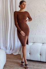 Merlin Long Sleeve Bodycon Knee Length Dress Chocolate