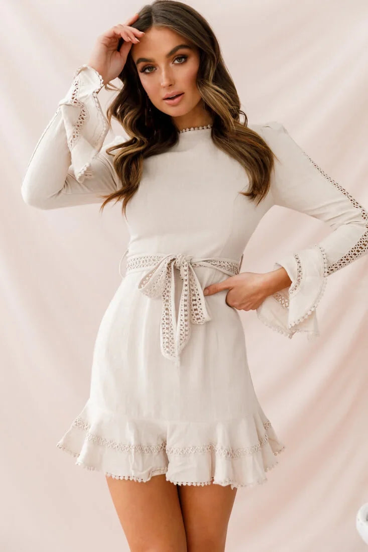 Aspley Flare Cuff Waist Tie Dress Beige