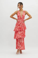 Veda Strappy Back Ruffle Midi Dress Floral Red