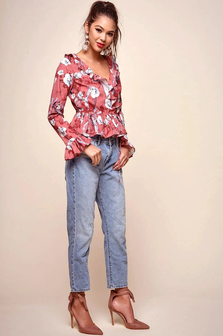 Bellamy Ruffled Bell Sleeve Floral Top Red