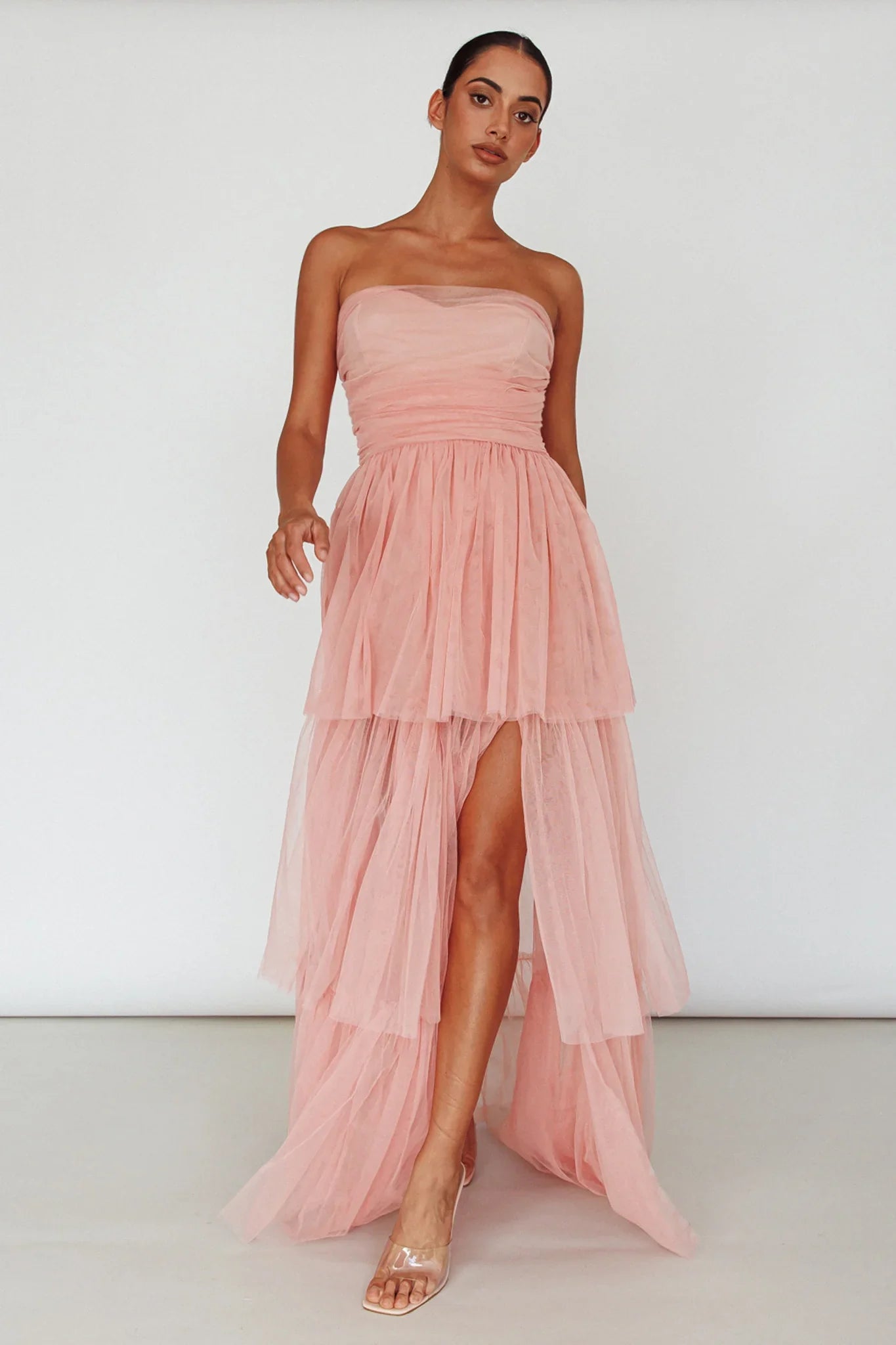 Haeven Tiered Strapless Maxi Dress Blush