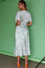 Graceful Batwing Sleeve Midi Dress Floral Green