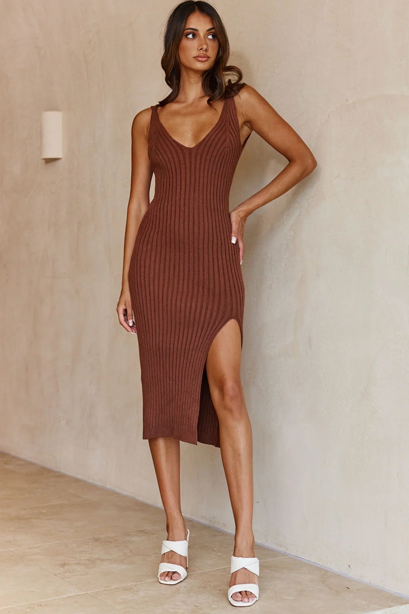 Mi Amore V-Neckline Front Split Ribbed Knit Midi Dress Chocolate