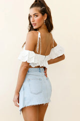 Wayside String Tie Strap Lace Trim Crop Top White