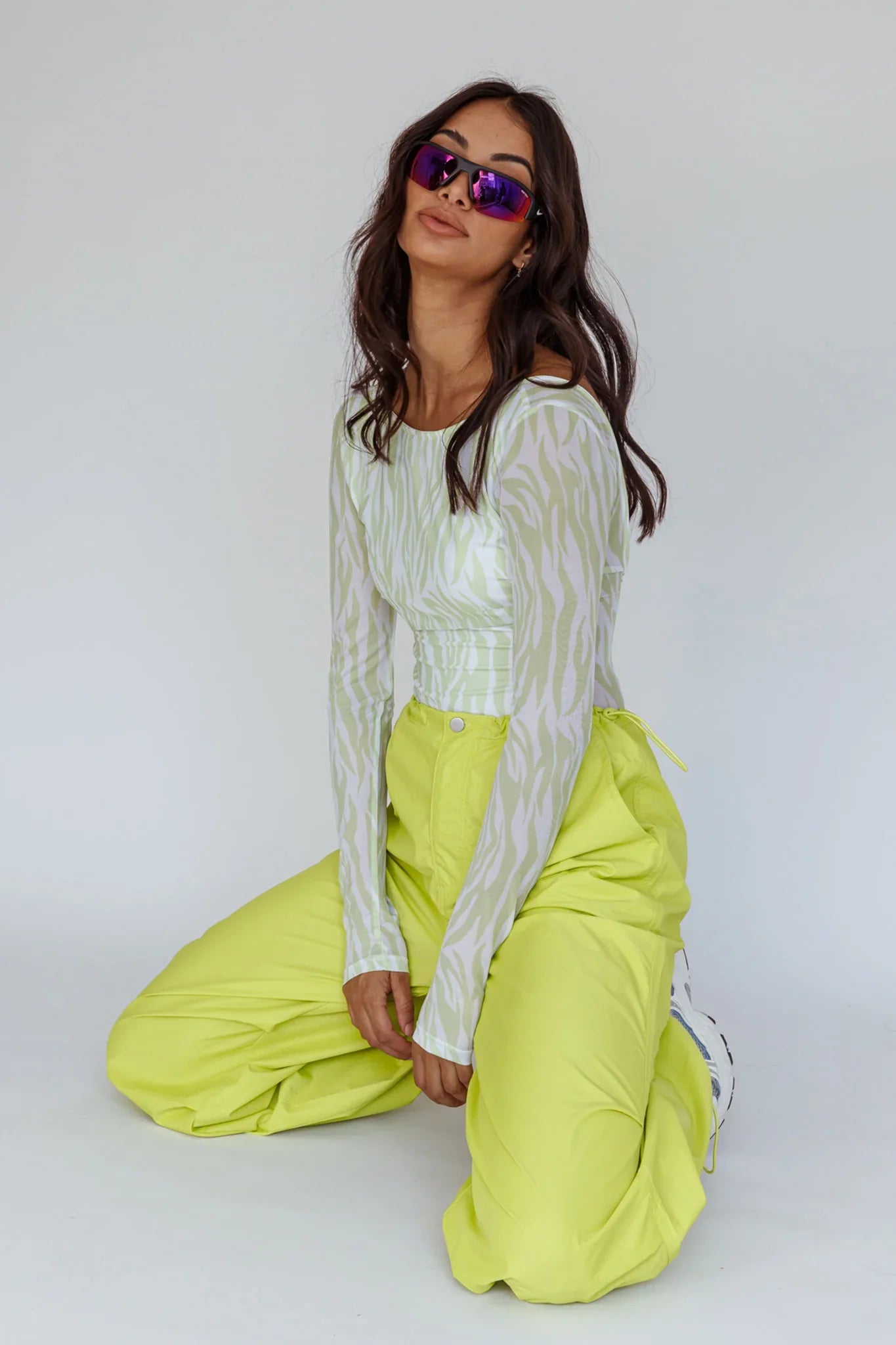 Juni Long Sleeve Low Back Mesh Bodysuit Tiger Lime