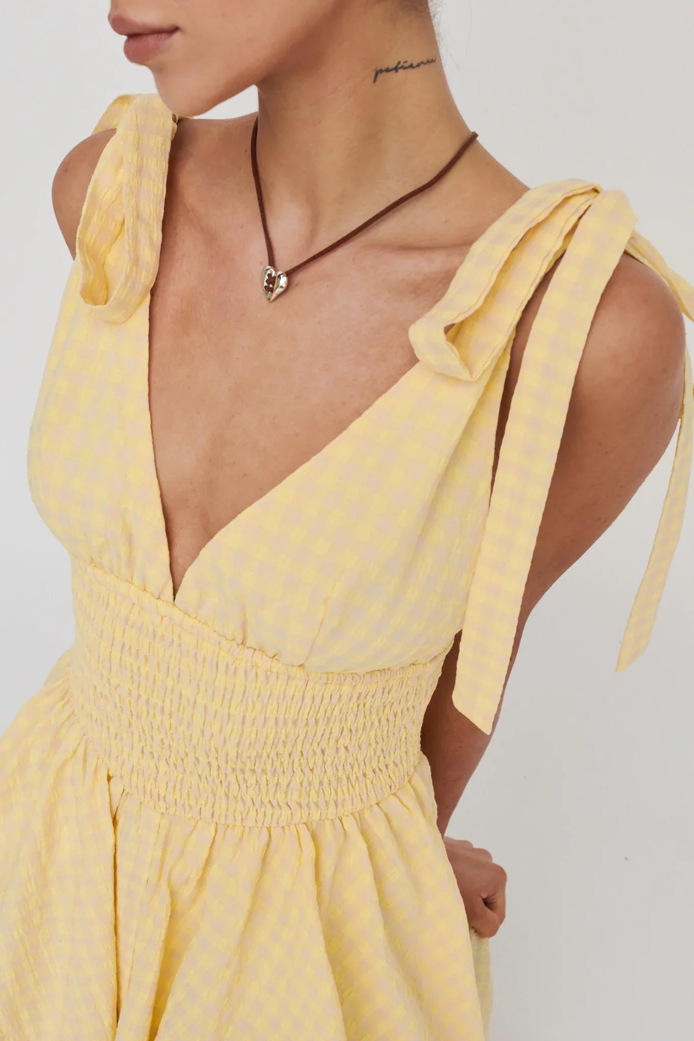 Lido Tied Shoulder Shirred Romper Lemon