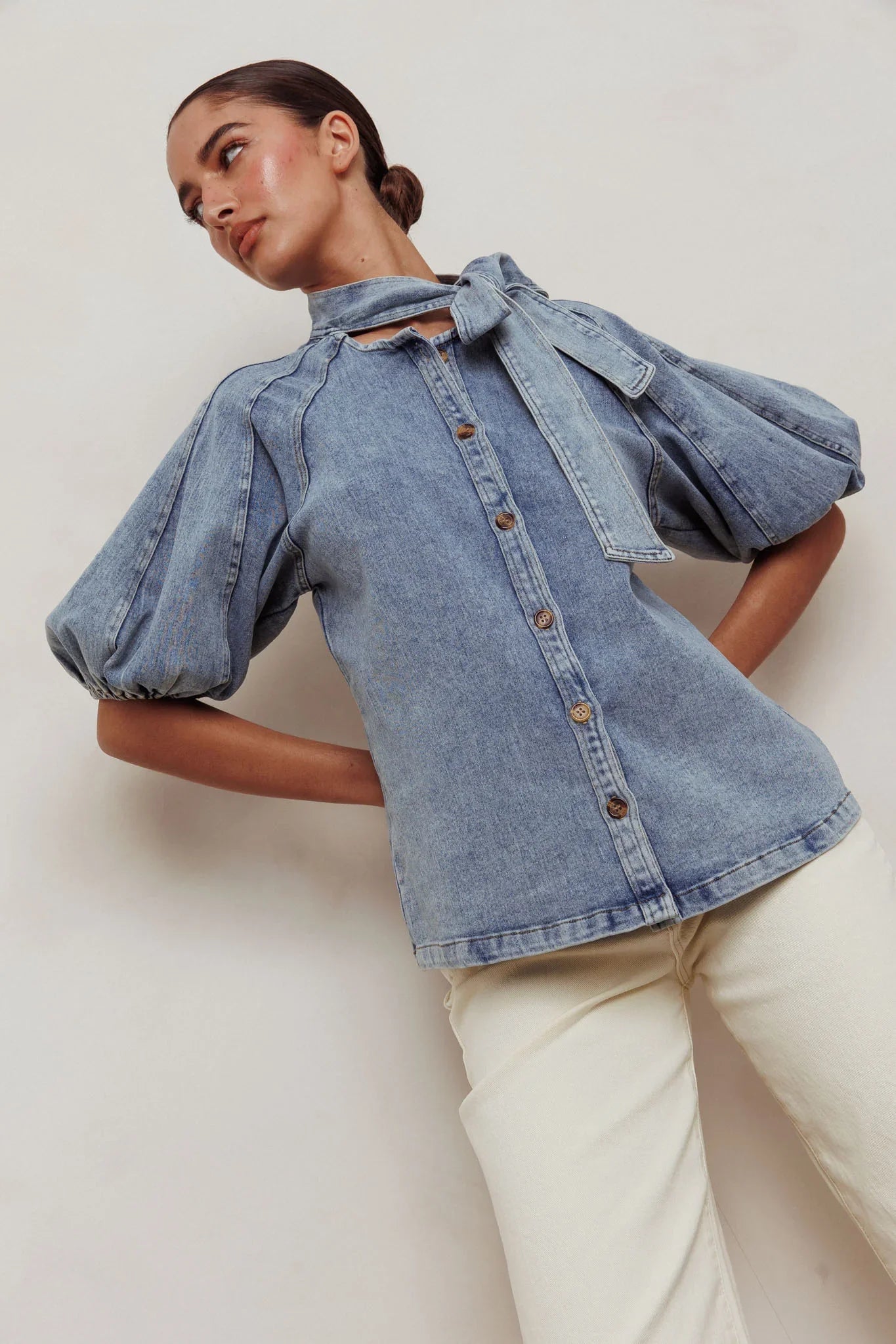 Notice Me Puff Sleeve Neck Bow Top Denim Blue