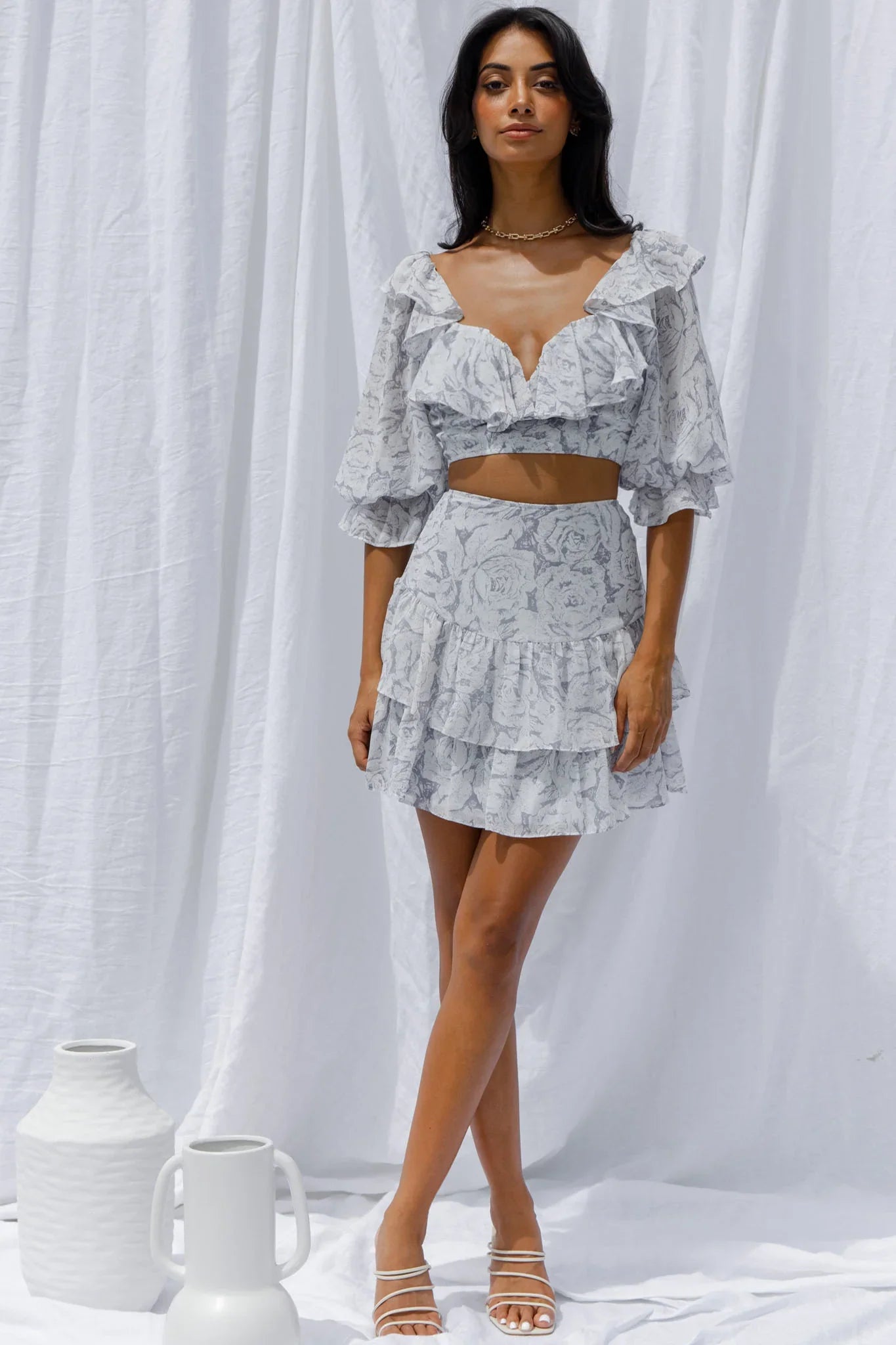Kiss And Tell Ruffle Trim Balloon Sleeve Crop Top Rose Print Ink