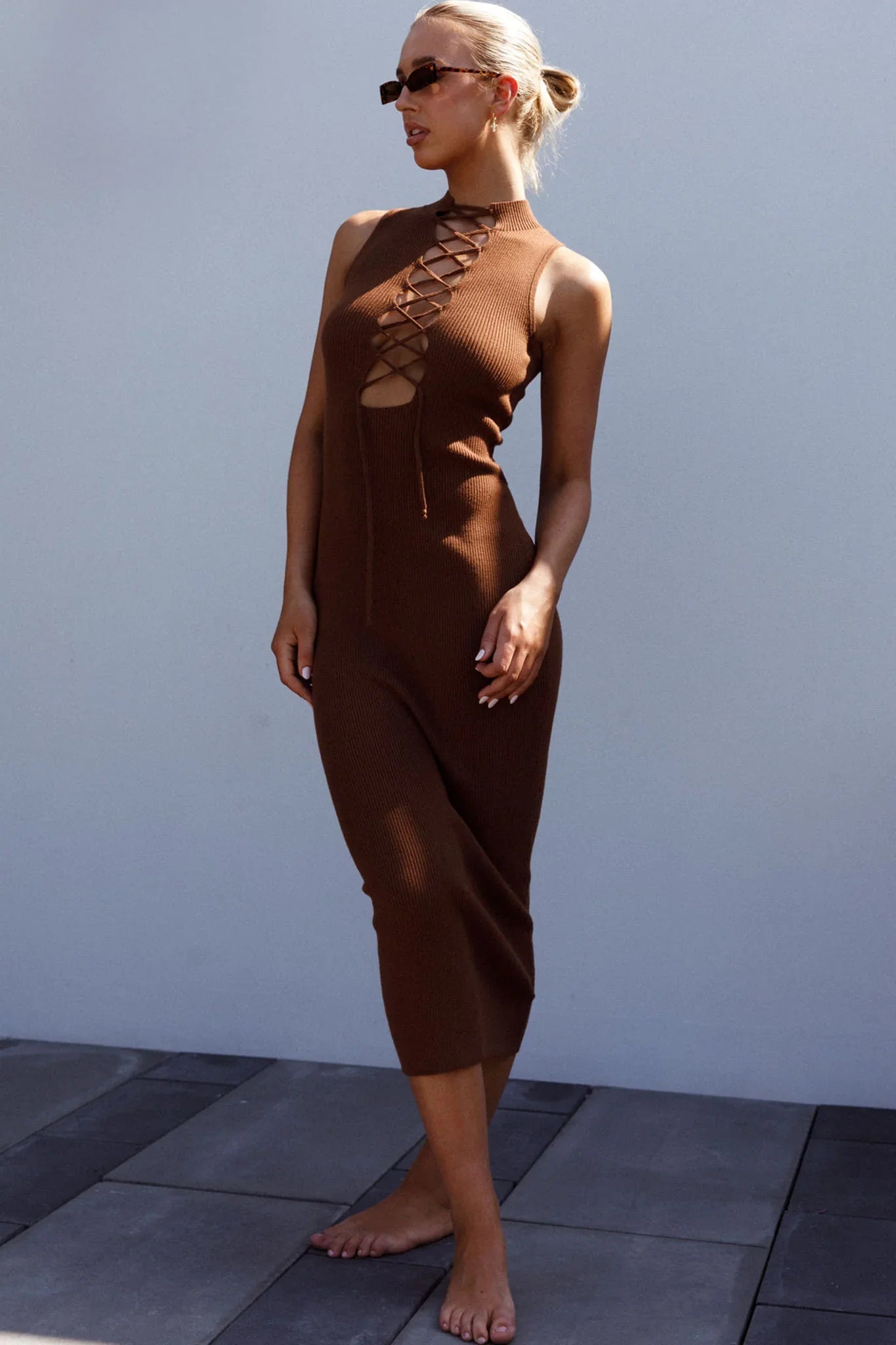 Brand New Day Lace-Up Bust Knit Midi Dress Chocolate