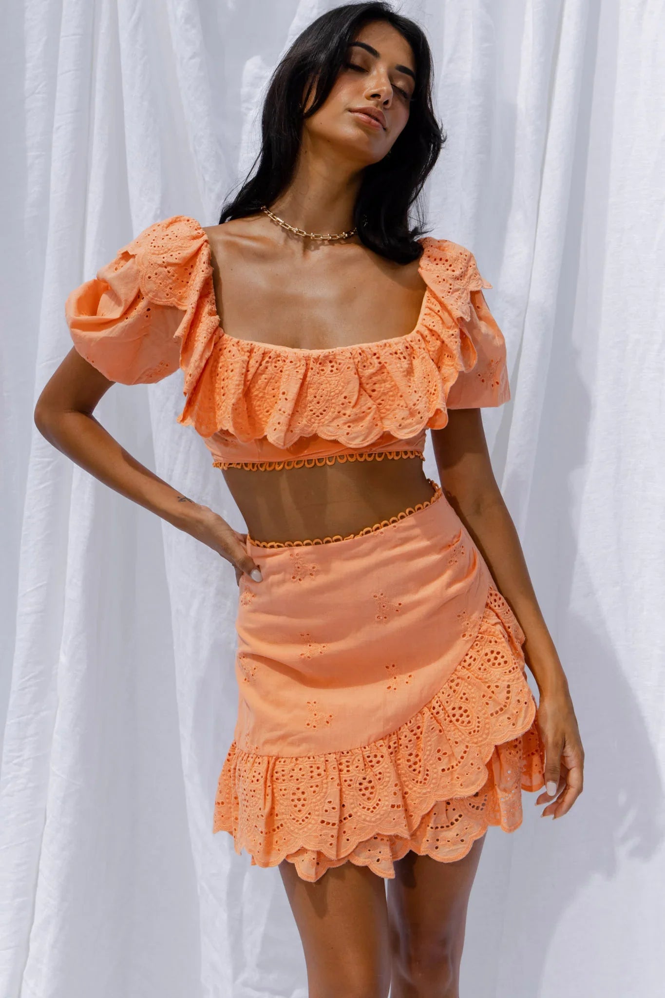 New Moon Scalloped Ruffle Trim Eyelet Skirt Orange