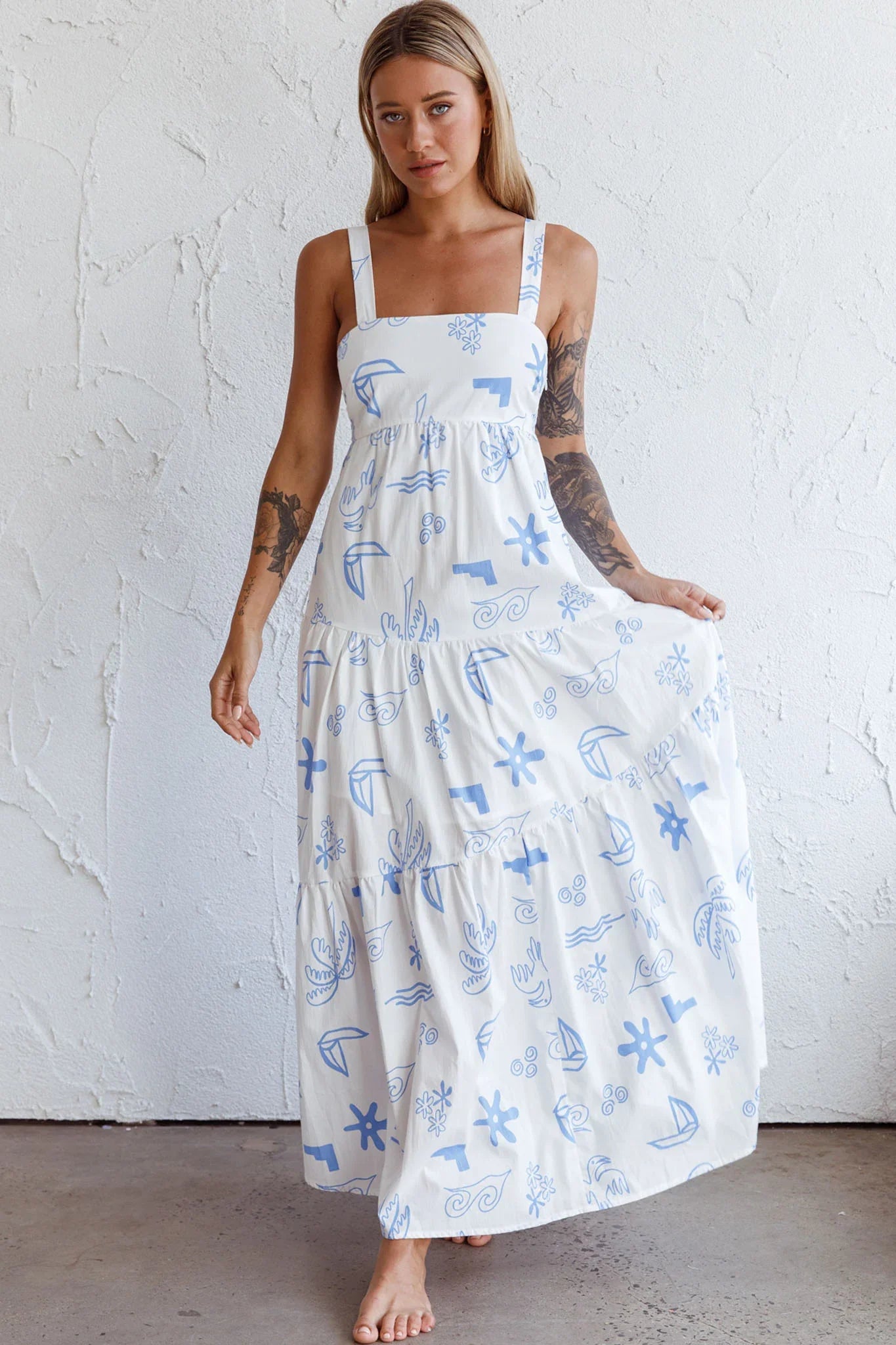 Indianna Square Neckline Maxi Dress Printed White