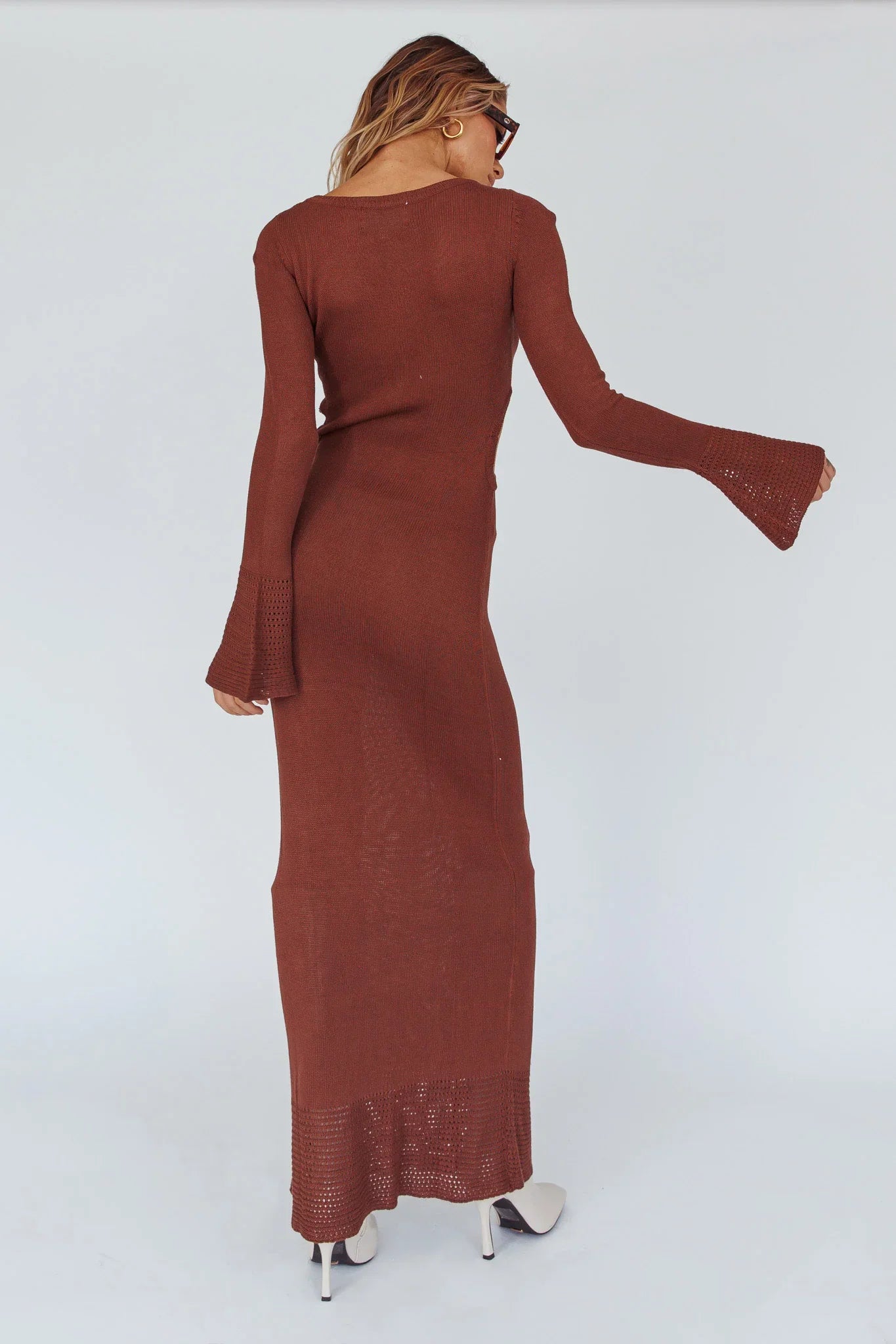 Long Sleeve Cut-Out Knit Maxi Dress Coffee