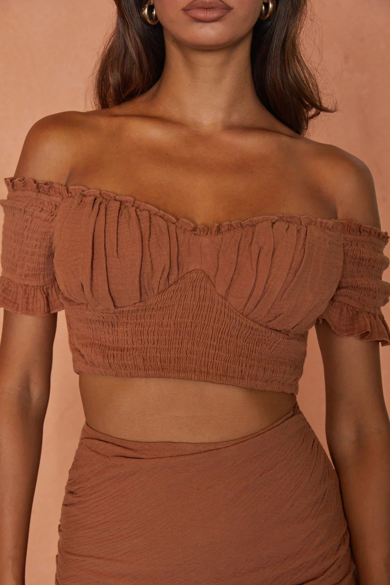 Rise And Shine Shirred Bodice Tied Back Crop Top Latte