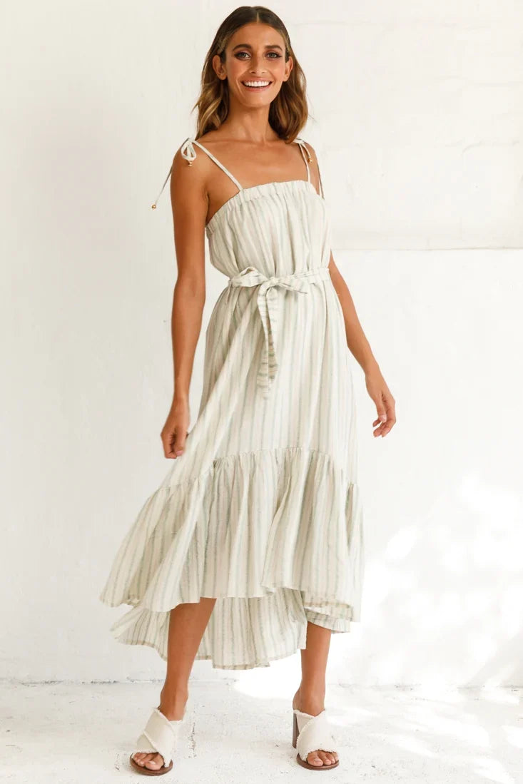 Golden Days Tied-Shoulder Midi Dress Stripe Pattern Olive