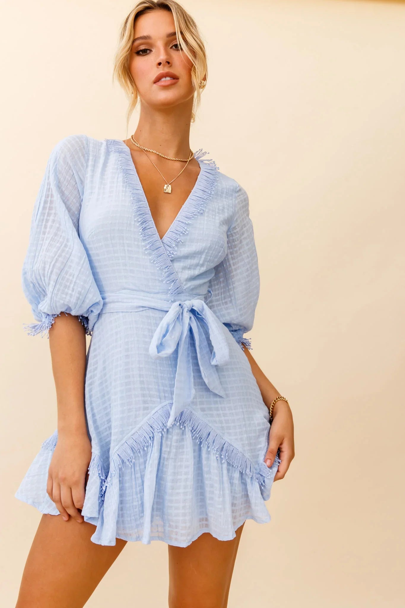 Flyin' Solo Fringe Trim Waist Tie Dress Steel Blue